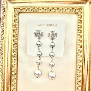 Tory Burch Silver Pearl Drop Earrings